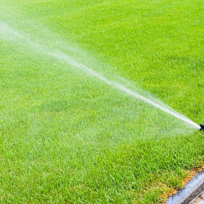 Sprinkler system working on fresh green grass