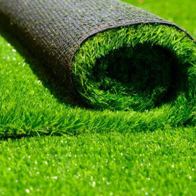 artificial rolled green grass; closeup